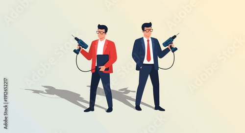 Two men in suits hold drills, casting long shadows on a light background