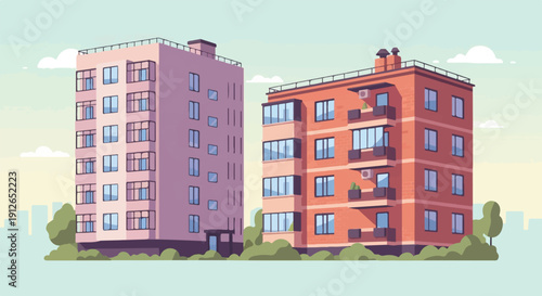 Two pixelated apartment buildings stand side by side under a sky