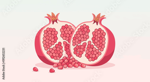 Two halves of a ripe pomegranate with many seeds spilling out