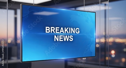 Breaking news displayed on a television screen in a modern office building with a cityscape view at dusk