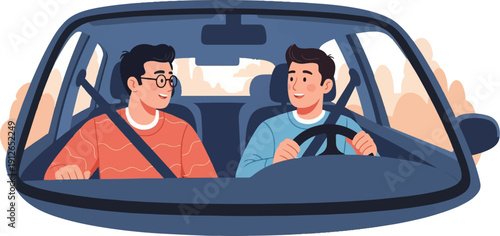 Two young men happily chat while riding in a car, one driving