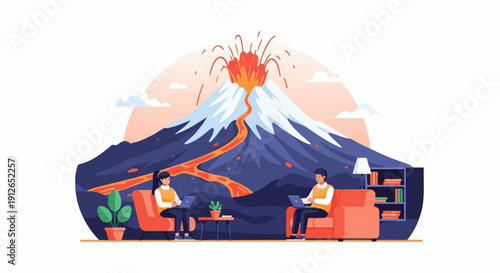 Two people work on laptops indoors with a volcano erupting in background