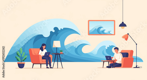 Two people work on laptops indoors as a giant wave looms behind them