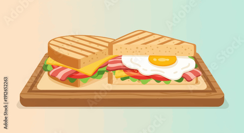 Two halves of a layered sandwich with grilled bread, cheese, bacon, and egg