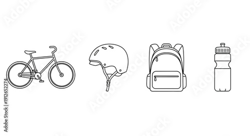 Cycling Gear: Bicycle, Helmet, Backpack, Water Bottle - Vector Icons