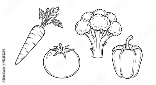 Fresh Vegetables Line Art: Carrot, Tomato, Broccoli, Bell Pepper - Healthy Food Illustration