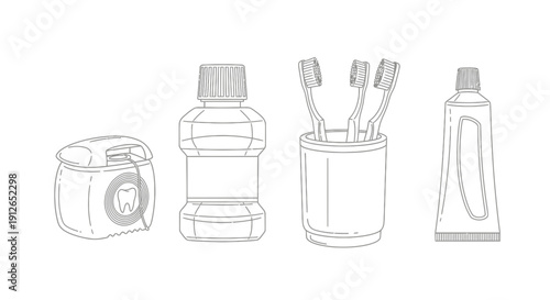 Dental Hygiene Essentials: Toothbrushes, Floss, Mouthwash, Toothpaste Line Art