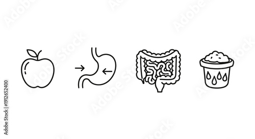 Digestive System Health: Apple, Stomach, Intestines, and Probiotics Icon Set