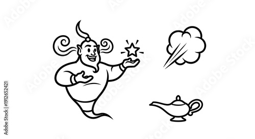Genie Emerging from Lamp with Star and Smoke, Fantasy Character Illustration