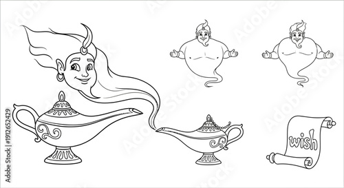 Genie Emerging from Magic Lamp, Offering Wish Scroll, Cartoon Style