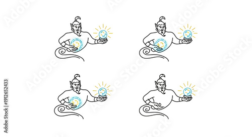 Genie Holding Glowing Earth Crystal Ball, Four Variations