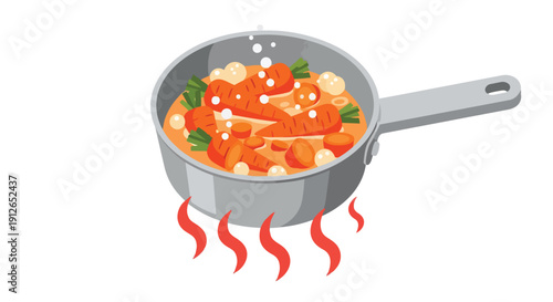 Hearty vegetable stew simmering in a saucepan with steam rising, a symbol of delicious home cooking and healthy meals