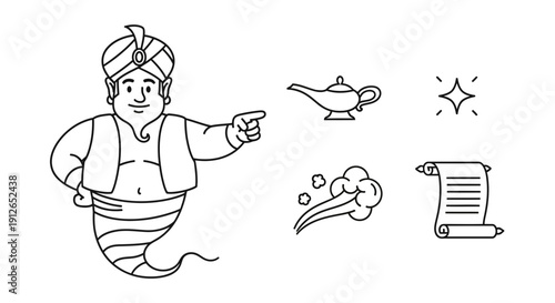 Genie Icon Set: Magic Lamp, Scroll, Sparkle, and Wind Symbols on White Background