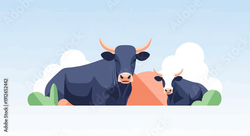 Two stylized cows with horns rest on a white surface under a pale blue sky