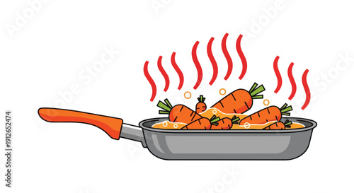 Vibrant illustration of fresh carrots gently cooking in a pan, depicting healthy culinary preparation for a wholesome meal. This vector graphic