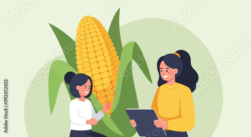 Two women interacting near a large ear of corn in a light green background