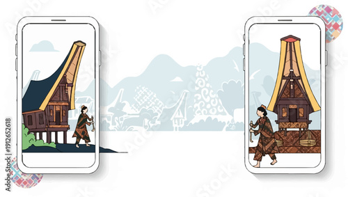 Two phones display traditional houses and figures with patterned attire