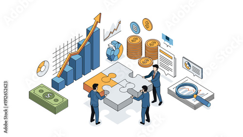 Business people collaborating to assemble puzzle pieces, surrounded by financial graphics and money, symbolizing partnership, growth, and strategy.