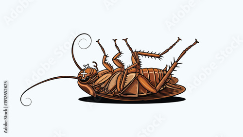 Detailed illustration of a dead cockroach lying on its back with an X mark on its eye, symbolizing effective pest control and extermination.