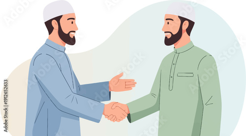 Two men in traditional attire shake hands, smiling, symbolizing agreement and unity
