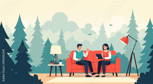 Two people relax indoors in front of a forest scene