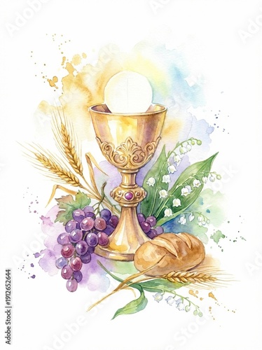First Holy Communion watercolor composition with golden chalice, host, grapes, bread and white roses, religious christian celebration element isolated on white background
