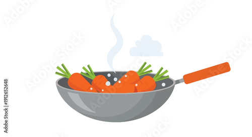 Vibrant orange carrots gently simmering in a sleek gray pan, releasing fresh steam, creating a delightful aroma of healthy cooking and preparation