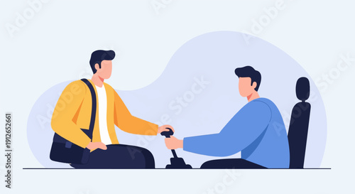 Two men interacting inside a vehicle, one at the wheel