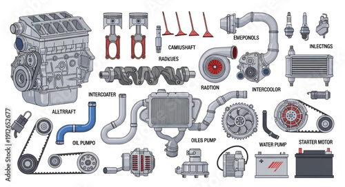 Car Engine Parts Diagram Illustration.