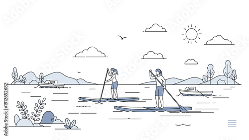 Two women enjoying stand-up paddleboarding on a serene lake, with distant mountains and small boats completing the peaceful landscape.
