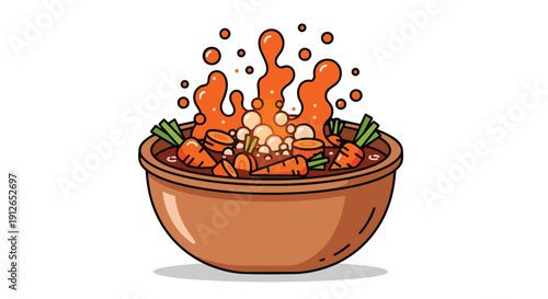 A delightful cartoon illustration of a wholesome vegetable stew vigorously simmering in a rustic brown bowl