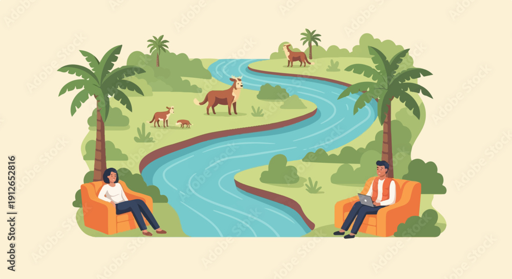 Obraz premium Two people relax near a river with animals and palm trees