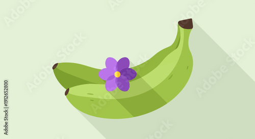 Two green bananas are adorned with a small purple flower on a light background
