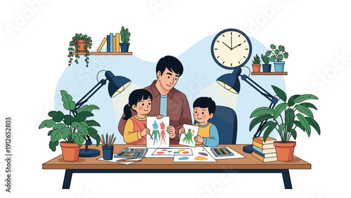 Loving father and his two children happily engaging in creative art activities together at a desk, surrounded by plants and art supplies.