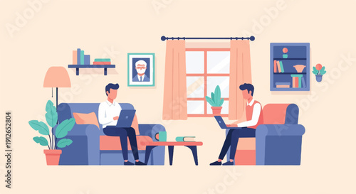 Two people working on laptops on sofas in a living room