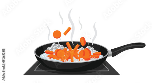 Vibrant orange carrots actively boiling in a sleek black frying pan on a kitchen burner, generating abundant steam and frothy bubbles cooking