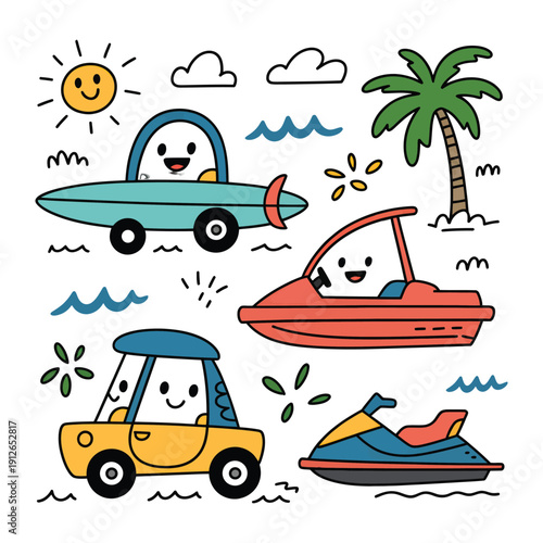 Whimsical Vehicles on a Sunny Day: Charming cartoon illustrations of various vehicles, including a car, boat, surfboard, and jet ski, bask in the warm embrace of a sun-kissed day.