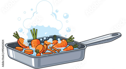 Freshly harvested vibrant orange carrots, some whole and others sliced, gently simmer in a bubbling metal pan with steam rising, depicting wholesome