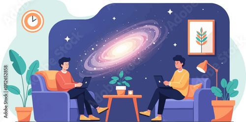 Two people working on laptops on cozy couches with galaxy backdrop
