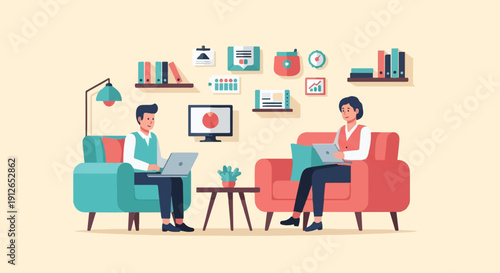 Two people working on laptops on comfortable sofas with decor