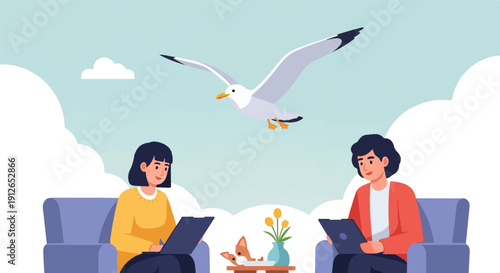 Two people relax on couches using tablets while a bird flies overhead