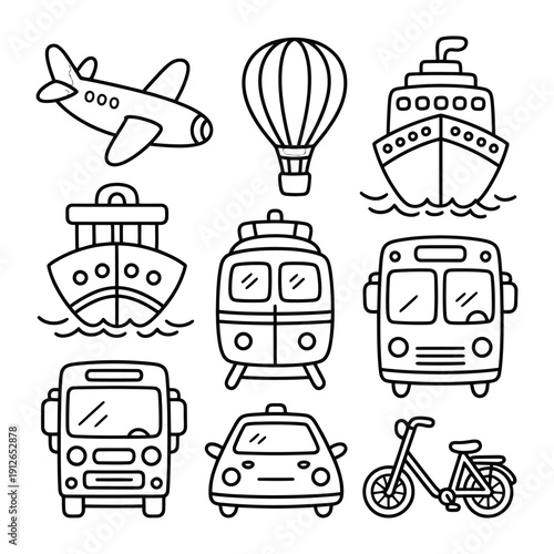 Transportation doodles: Whimsical illustrations of various transport modes, meticulously sketched in black lines, poised for coloring and creative applications.