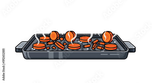 A vibrant vector illustration showing fresh carrot slices, both rounds and sticks, gently steaming on a contemporary grill pan, symbolizing healthy