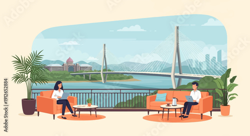 Two people working on laptops on a balcony with a scenic city and bridge view