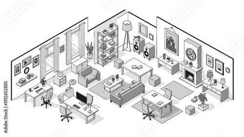 Detailed isometric blueprint illustration of a modern open-plan living and working space, showcasing diverse furniture and decor items.