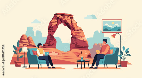 Two people relax with laptops in a desert landscape