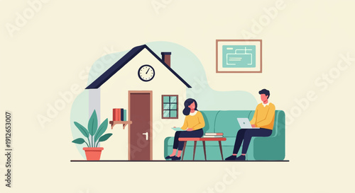 Two people relaxing in a cozy home environment with a plant and bookshelf