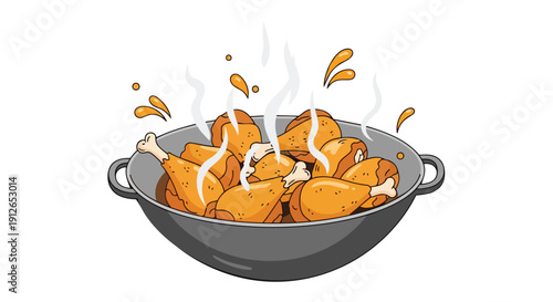 Delicious golden fried chicken drumsticks cooking in a hot pan emitting savory steam and flavorful splatters perfect for a hungry family feast