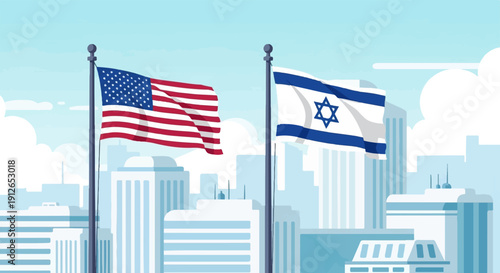 Two national flags fly over a stylized city skyline under a bright sky