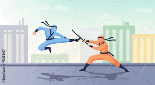 Two ninjas duel with swords on a rooftop in the rain